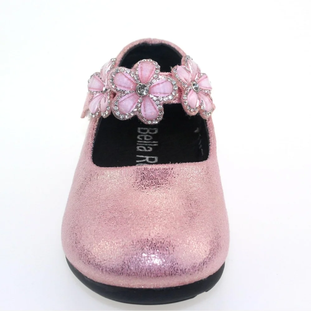 BELLA ROSA | Toddler Little Girls Glitter Pink Flowers Mary Jane Dress Shoes